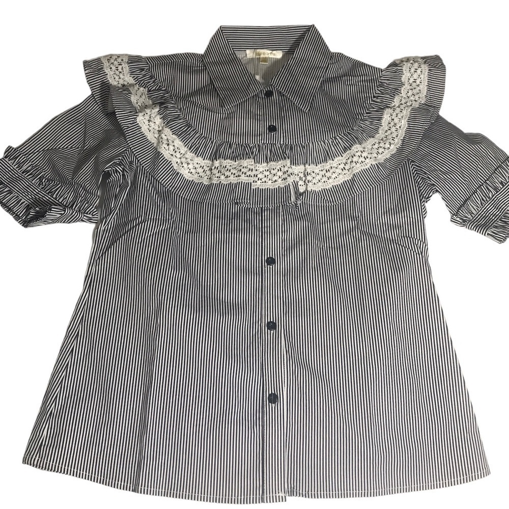 Lace-Trim Striped Button-Front Women’s Top - Black/White